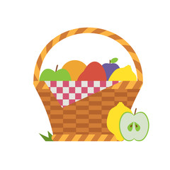 Wicker vegetable basket with blanket. Opened picnic food hamper with vegetables and fruits.