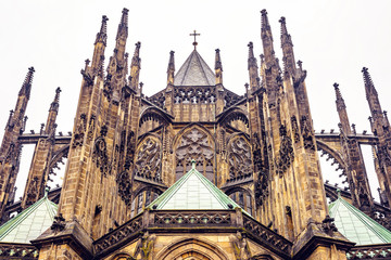 Gothic architectured St. Vitus Cathedral from bottom