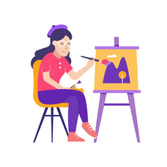Young woman painter sitting near easel with color palette and paintbrush. Happy artist girl on chair drawing picture with landscape painting on canvas.
