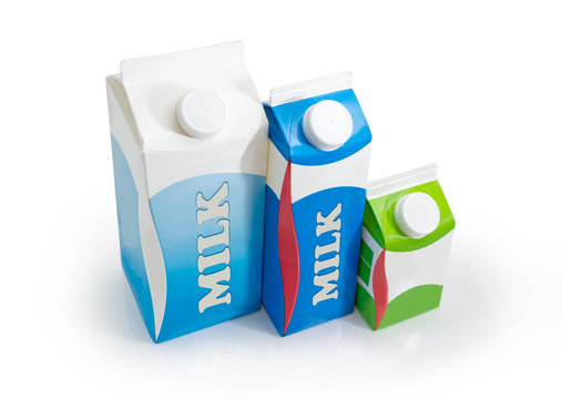 Three milk carton different sizes with various dairy produce