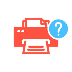 Printer icon, technology icon with question mark. Printer icon and help, how to, info, query symbol