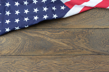 Table top view 4 th July independence day holiday background concept.Flat lay USA flag for sign of season on modern rustic brown wooden at office desk.Free space for creative design text & content.