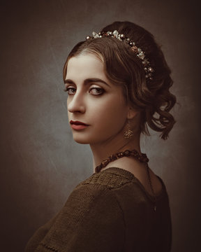 Fayumi portraiture. Antique painting style female portrait with retro makeup