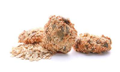 Delicious oatmeal cookies on white background