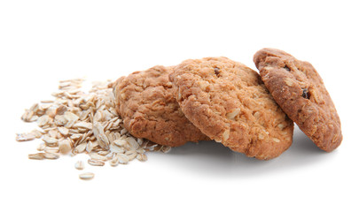 Delicious oatmeal cookies on white background