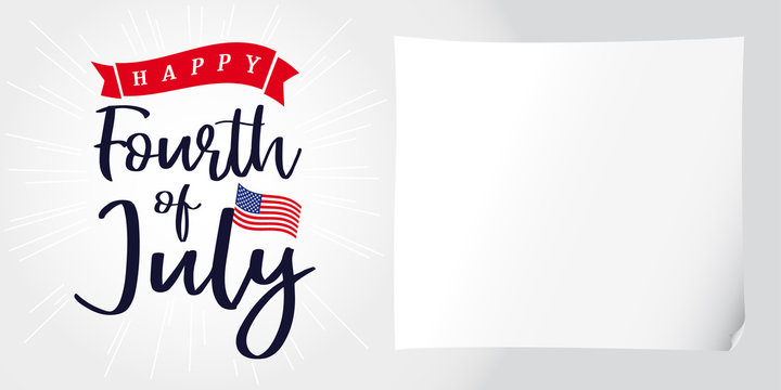 Happy 4th of July, Independence Day of USA, lettering and light beams poster. Happy Independence Day United States of America vector calligraphic design. Fourth of July sale illustration

