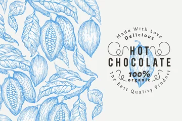 Fotobehang Cocoa bean tree banner template. Chocolate cocoa beans background. Vector hand drawn illustration. Vintage style illustration. © lubovchipurko