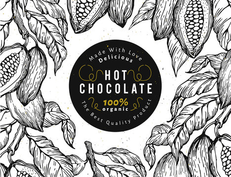 Cocoa bean tree banner template. Chocolate cocoa beans frame. Vector hand drawn illustration. Vintage style background.