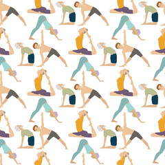 Yoga positions characters class meditation people seamless pattern background concentration human peace lifestyle vector illustration.