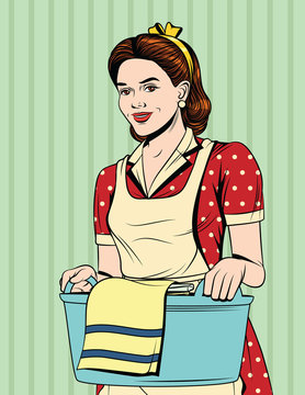 Vector Colorful Comic Pop Art Style Illustration Of A Beautiful Housewife With Basket Of Wet Clothes. Vintage Postcard With Young Girl In Apron Doing Housework