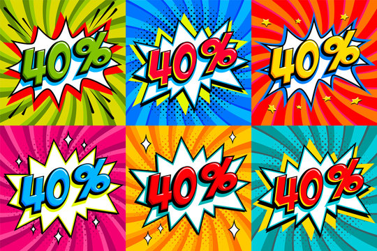 Fototapeta Sale set. Sale forty percent 40 off tags on a Comics style bang shape background. Pop art comic discount promotion banners. Seasonal discounts, Black Friday, cyber monday.