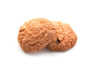 Delicious oatmeal cookies on white background