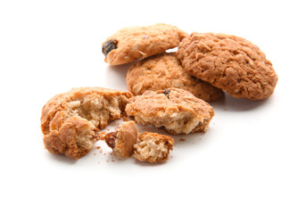 Delicious oatmeal cookies on white background