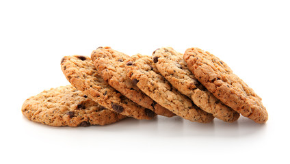 Delicious oatmeal cookies on white background