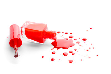 Open bottle of nail polish on white background