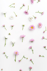 Floral pattern with tender pink and white flowers arranged as a flatlay on white background