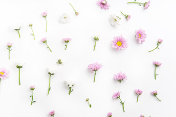 Floral pattern with tender pink and white flowers arranged as a flatlay on white background