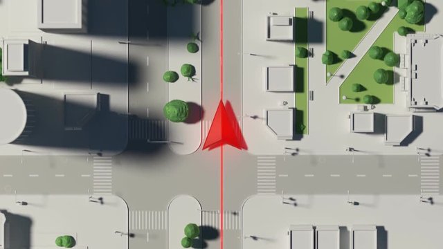 GPS navigation 3D city map. The red arrow running forward along the path.