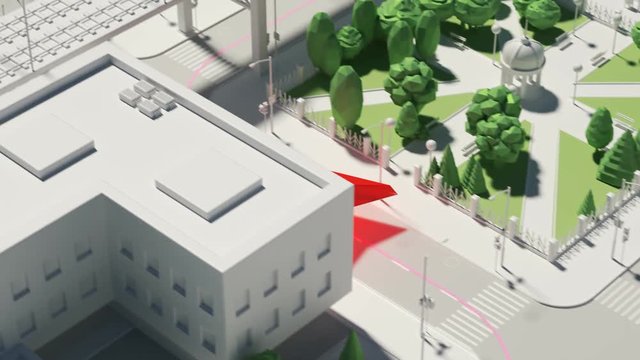 GPS navigation 3D city map. The red arrow running forward along the path.