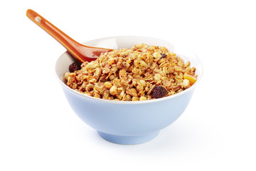 Bowl of whole grain muesli isolated on white background