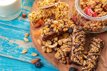 Granola bar on wooden background