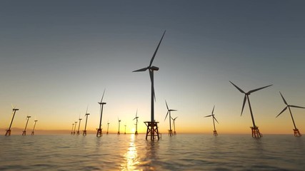 Offshore wind turbines spinning around at the sun setting marine background. - Powered by Adobe