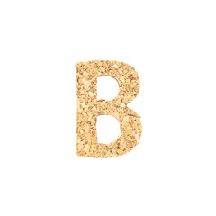 Closeup cork wood in B alphabet isolated on white background