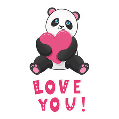 Funny panda with pink heart with text love you. Design element for baby shower card, scrapbook, invitation, baby goods and childish accessories. Isolated on white background. Vector illustration.