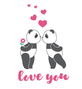 Two love pandas with hearts. Design element for baby shower card, scrapbook, invitation, baby goods and childish accessories. Isolated on white background. Vector illustration.
