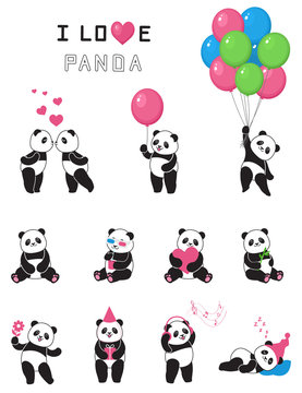 Set of cartoon funny pandas. Design element for baby shower card, scrapbook, invitation, baby goods and childish accessories. Isolated on white background. Vector illustration.