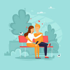 Lovers are sitting on a bench in the park. Flat design vector illustration.