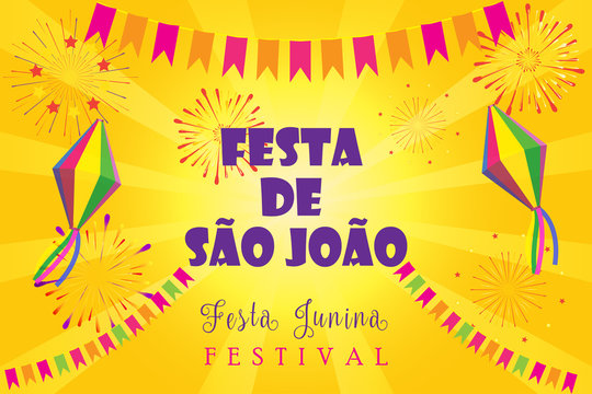 Brazil, Portugal, celebrate Summer Festival Festa Junina, Sao Joao, carnival, music, dance, poster fireworks, lantern, confetti, garland decoration invitation