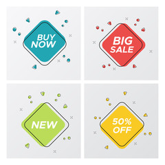 Set of flat abstract sale banner in modern style. Bright colors shop clearance label with price discount title in futuristic square shape. Vector illustration with sale tags for online business promo