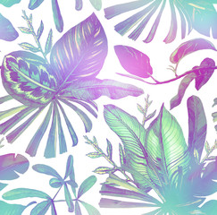 Seamless watercolor pattern with tropical flowers, magnolia, orange flower,  tropical leaves, banana leaves