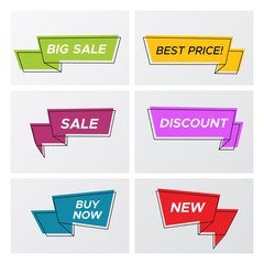 Set of flat abstract sale banner in modern style. Bright colors shop clearance label with market promotion title in futuristic ribbon shape. Vector illustration with sale tags for store special deal.