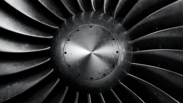 Seamless animation of CFM56 turbofan aircraft engine slowly spinning in a loop.