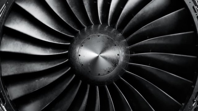 Seamless animation of CFM56 turbofan aircraft engine slowly spinning in a loop.