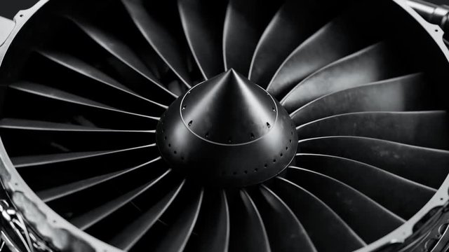 Seamless animation of CFM56 turbofan aircraft engine slowly spinning. 4KHD