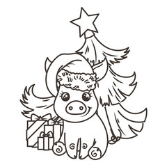 Happy New 2019 Year card with cartoon baby pig. Small symbol of holiday.