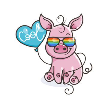 Cute cartoon baby pig in a cool rainbow glasses
