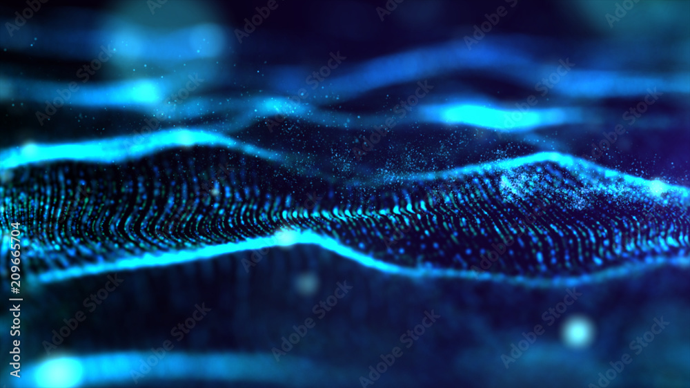 Poster futuristic blue digital abstract luxurious sparkling wave particles flow de-focus background