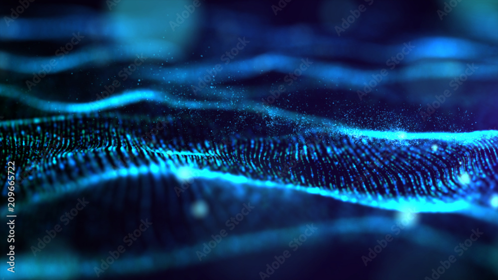 Poster futuristic blue digital abstract luxurious sparkling wave particles flow de-focus background