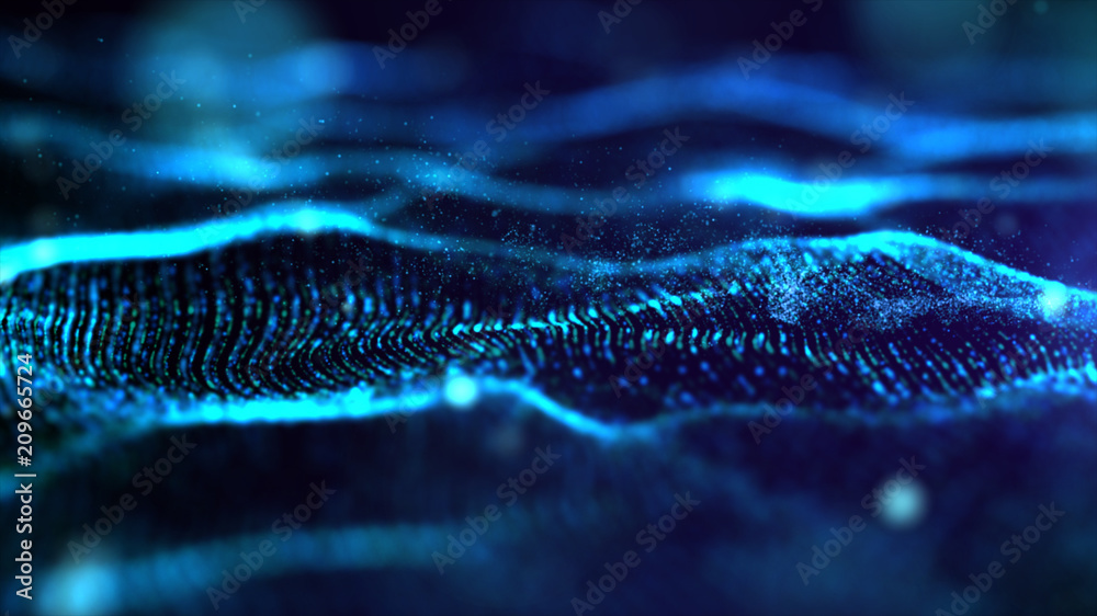 Poster futuristic blue digital abstract luxurious sparkling wave particles flow de-focus background