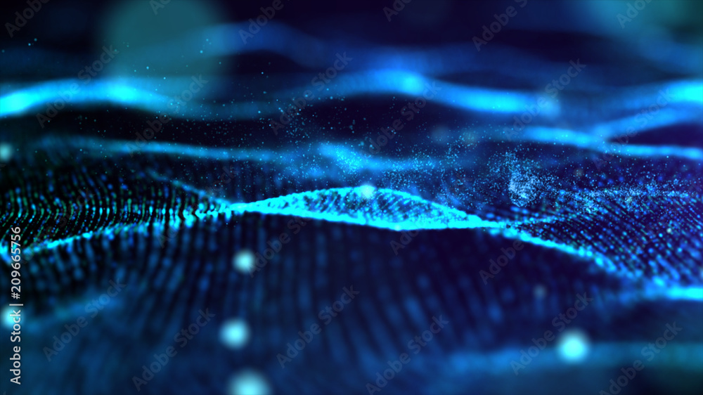 Poster Futuristic Blue digital abstract luxurious sparkling wave particles flow de-focus background