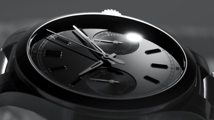 Studio animation of stainless steel luxury watch. Moving light source.