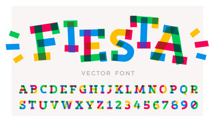 Funny vector font made of colorful strokes and pieces. Latin alphabet from A to Z and numbers from 0 to 9 made of colored tape parts.