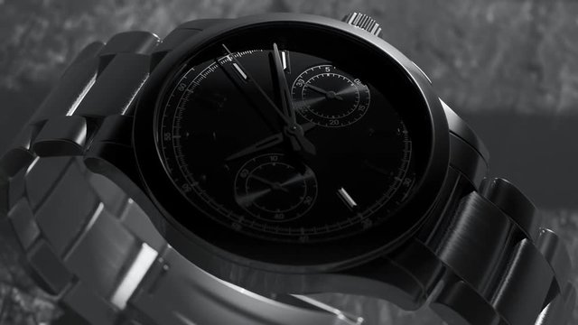 Studio animation of stainless steel luxury watch. Moving light source.