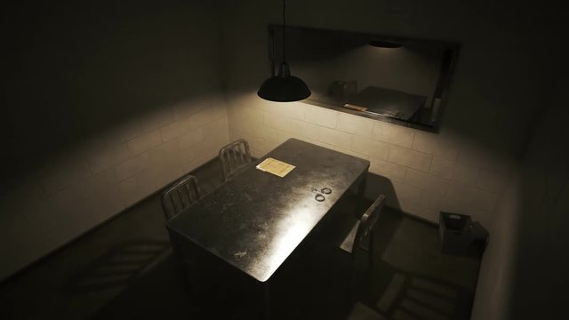 Dark, empty interrogation room seen through the one-way mirror. Investigation