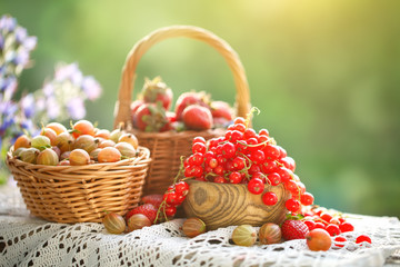 Ripe berries - red currants, strawberries, gooseberries on a wooden table in the summer garden. Harvest. Summer still life.