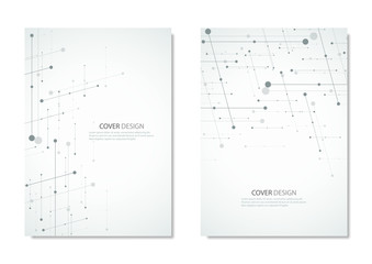 Technology and science vector brochure or cover design. Geometric abstract background with connected lines and dots.